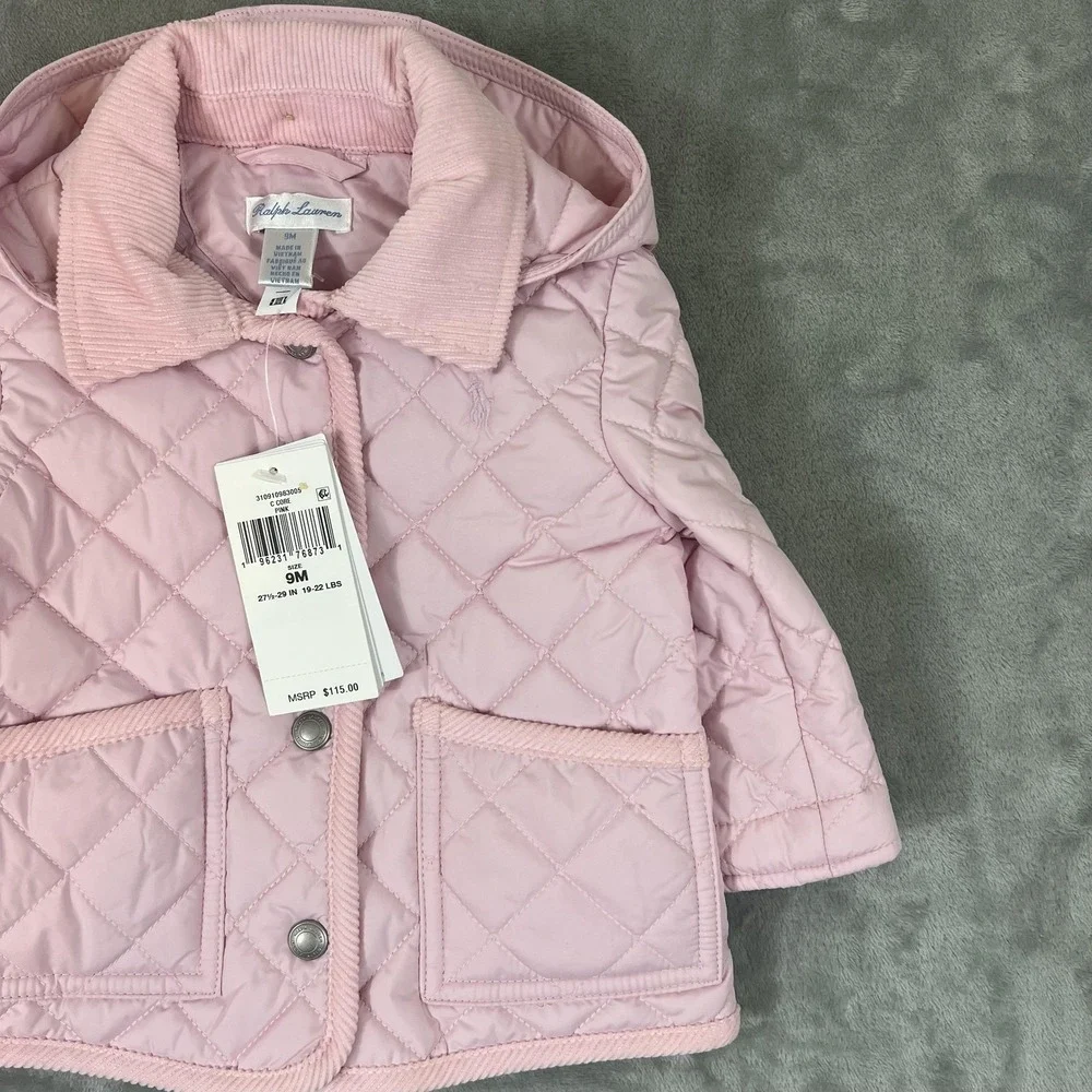 Ralph Lauren Jacket Girls 9M Pink Quilted Hooded Corduroy Collar Snap Pockets